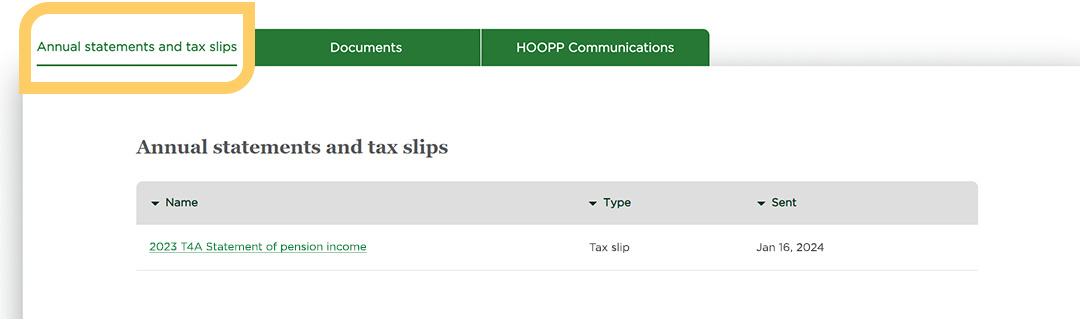 HOOPP connect - Annual Statements and Tax Slips tab
